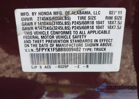 2011 Honda Ridgeline Rtl z USA, uszkodzony, nr VIN 5FPYK1F58BB009482